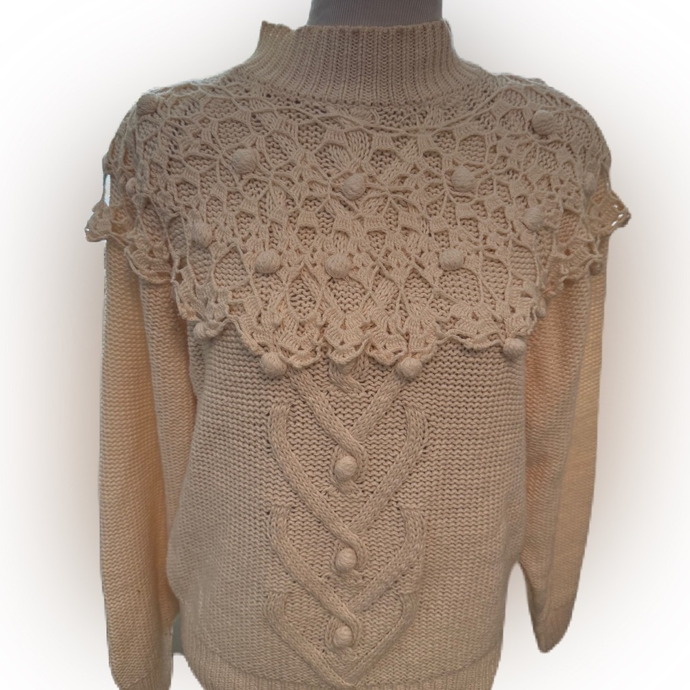 Vintage Ashleigh Morgan Cream Sweater With Knit Overlay. Size medium